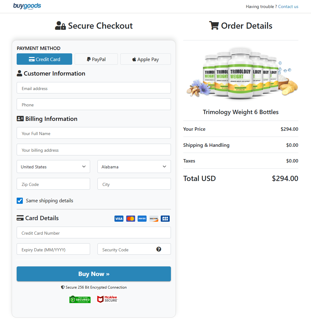 Trimology order page
